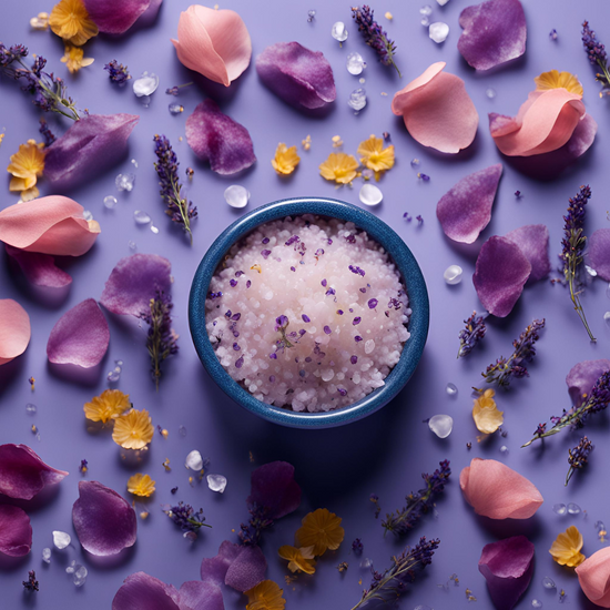 Visual of Rose, Blue Tansy and Lavender Soak and some of the botanical ingredients like lavender, rose and blue tansy.