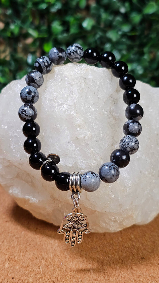 Snowflake Obsidian and Black Onyx - Hamsa Bracelet