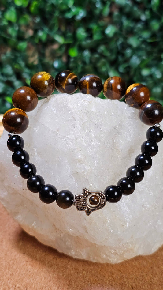 Tigers Eye and Black Onyx - Hamsa Bracelet