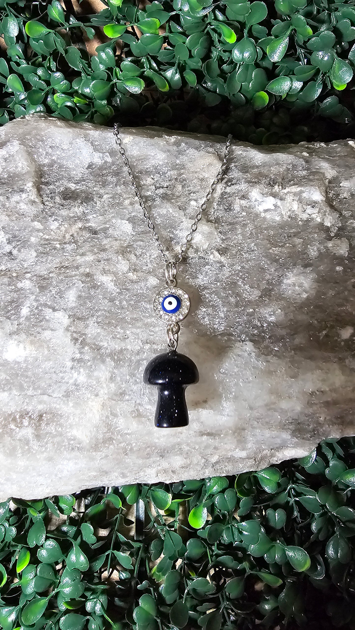 Blue Goldstone - Mushroom and Evil Eye necklace