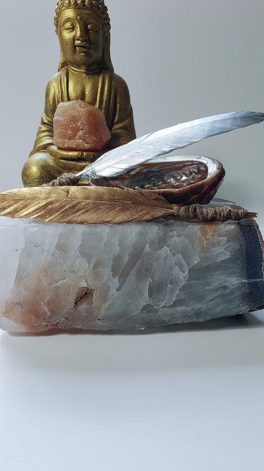 Gold Sun Energy Smudging Feather and Silver Moon Energy Smudging Feathers.